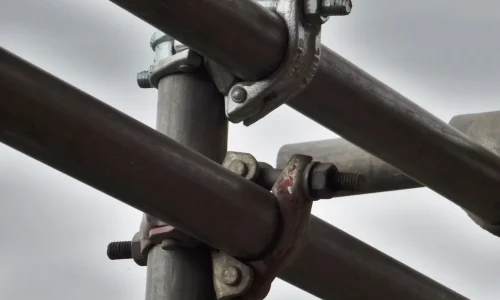 Scaffold Coupler Connection Scaffold coupler connection by Palo Alto Scaffolding Rental ensuring secure scaffold assembly.